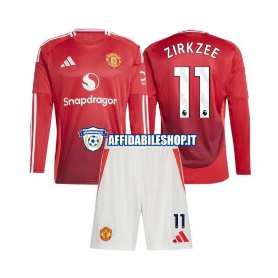 Maglia Manchester United Joshua Zirkzee 11 2024-2025 Bambino 3-13 anni Manica Lunga, Gara Home