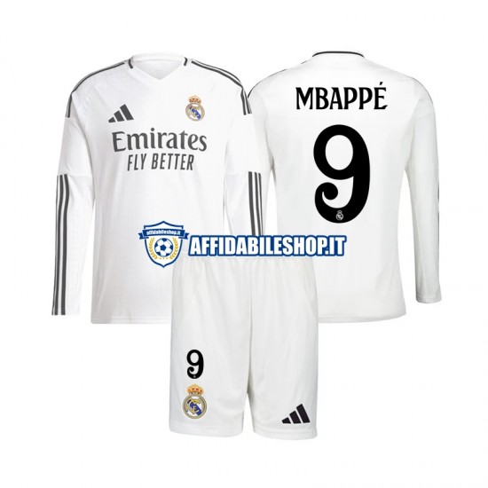 Maglia Real Madrid Mbappé Kylian 9 2024-2025 Bambino 3-13 anni Manica Lunga, Gara Home