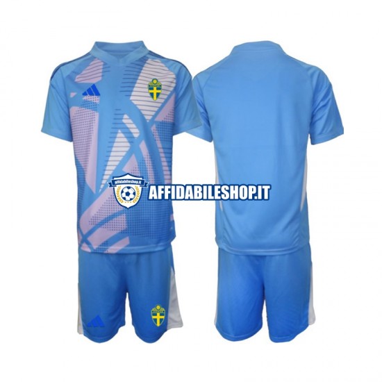 Maglia Svezia Portiere Blu 2024 Bambino 3-13 anni Manica Corta, Gara Away